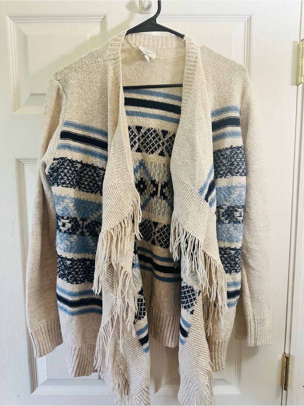 St. John's Bay Beige Open-Front Fringe Cardigan with Blue Stripes